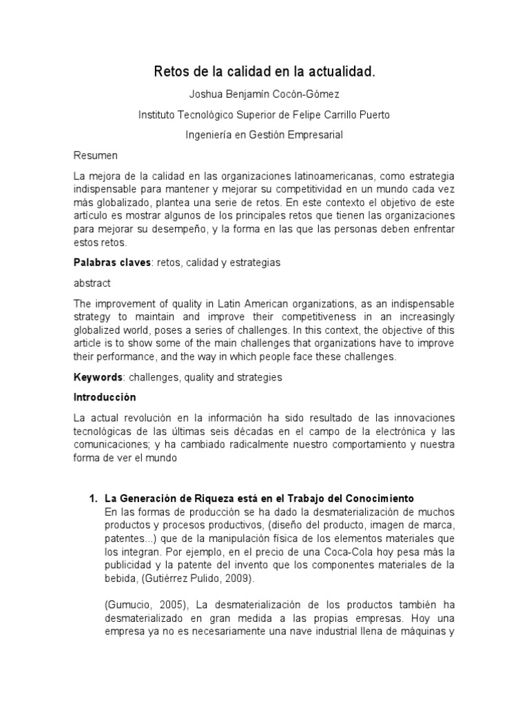 Retos de La Calidad en La Actualidad | PDF | Business | Fabricación e ...