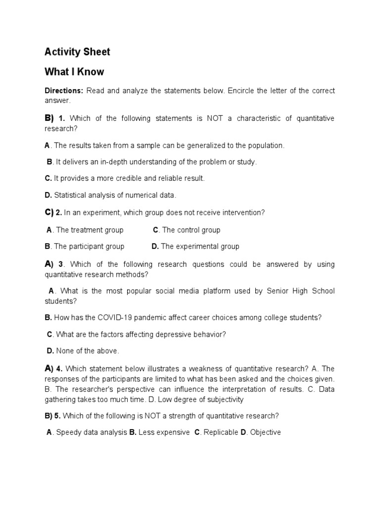 Activity Sheet What I Know | PDF | Statistics | Quantitative Research