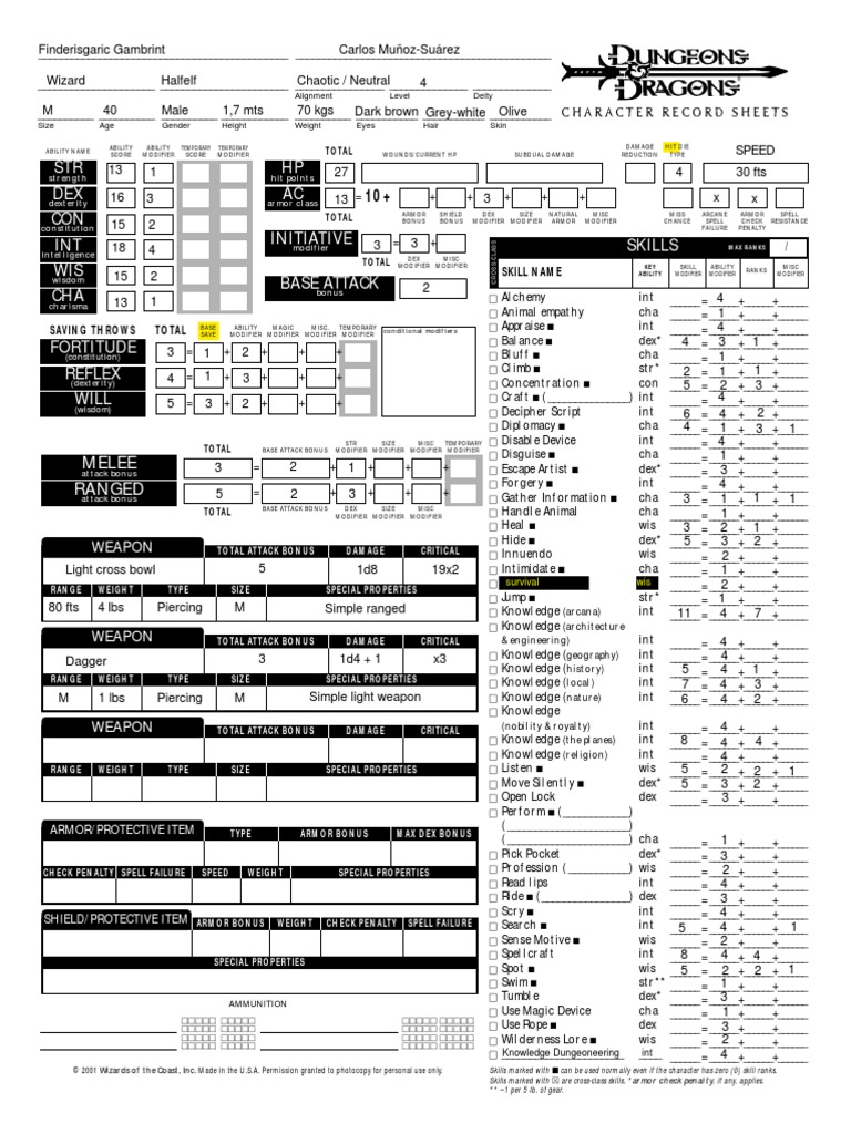 Dungeons and Dragons 3rd. Edition Character Sheet PDF Role Playing Games Dungeons & Dragons