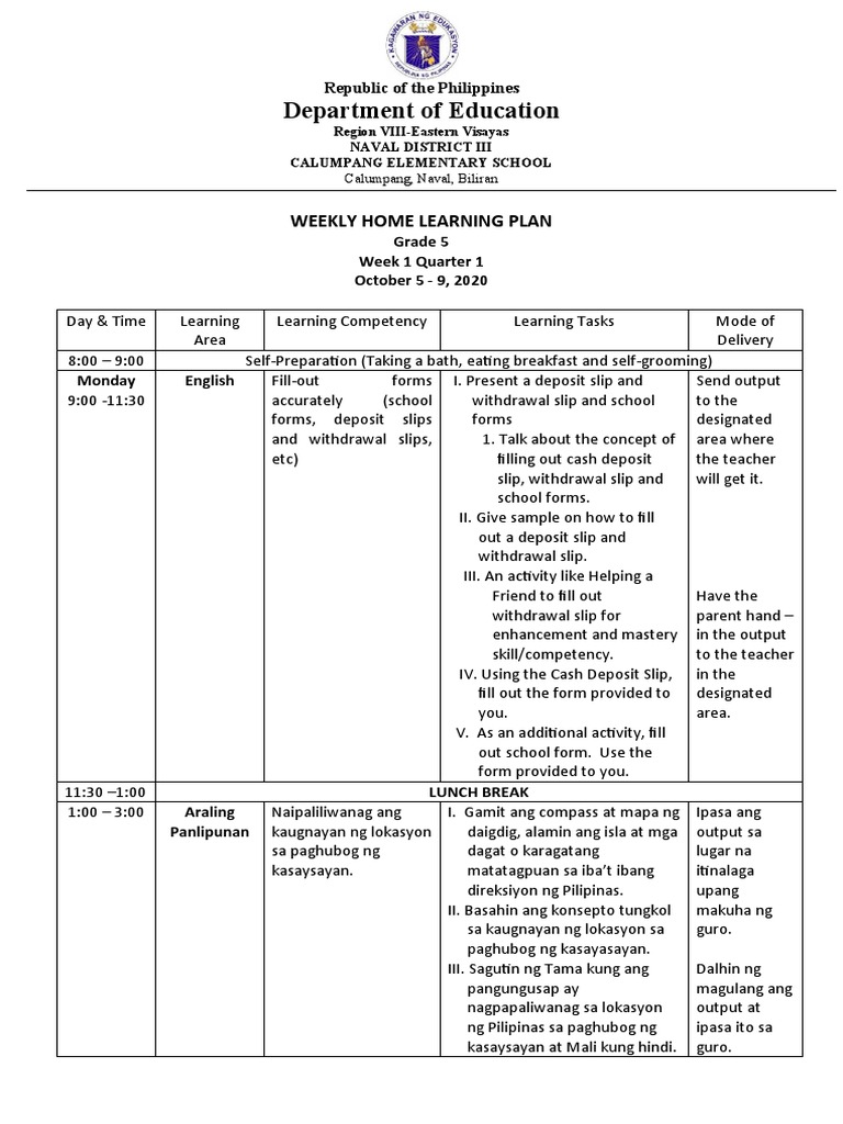 Department of Education: Weekly Home Learning Plan | PDF | Behavior ...