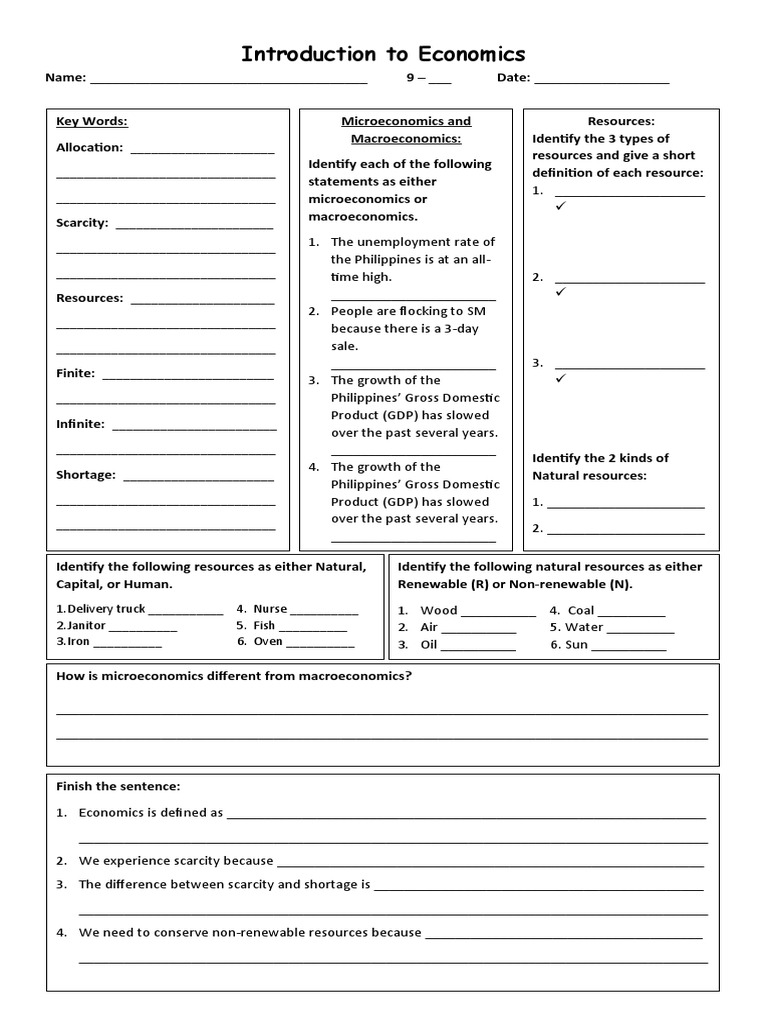Worksheet: Introduction To Economics | PDF | Resource | Economics