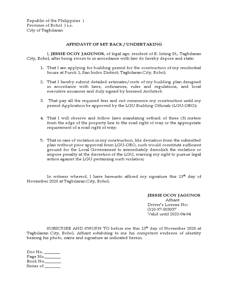 Affidavit of Setback for Construction | PDF