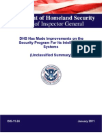 DHS Has Made Improvements On The Security Program For Its Intelligence Systems (Unclassified Summary)