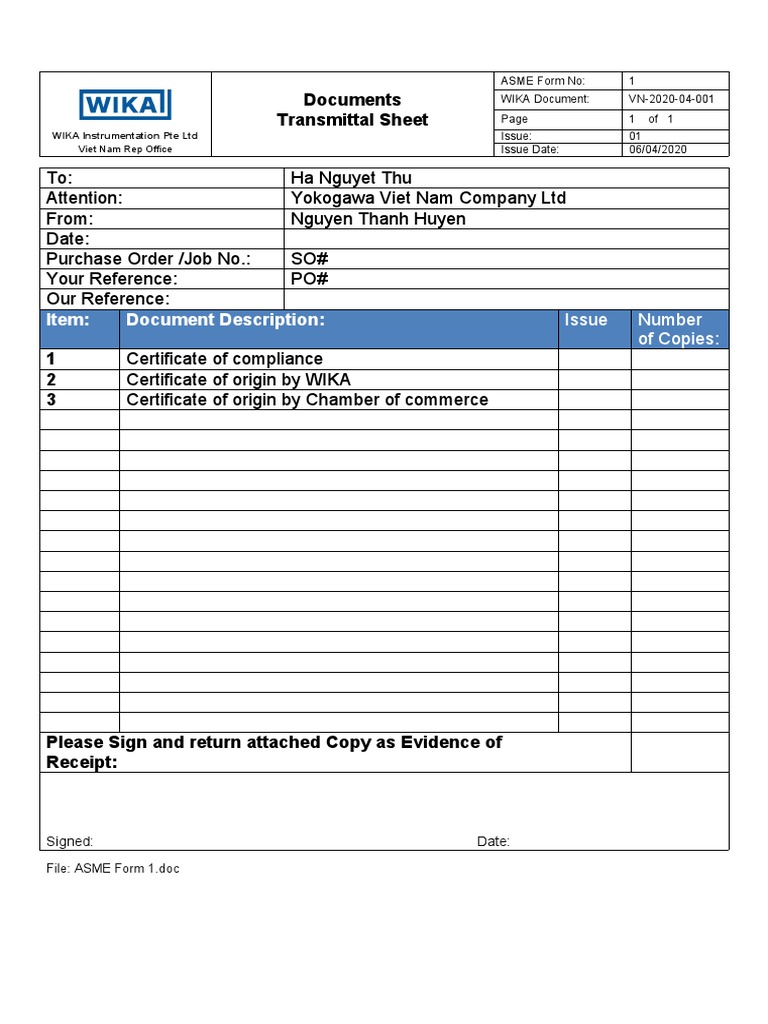 Asme Quality Control Manual Transmittal Sheet PDF