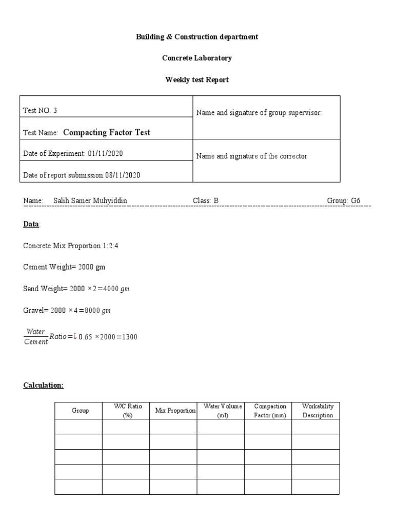 Weekly Concrete Test Report: Compacting Factor | PDF | Concrete ...