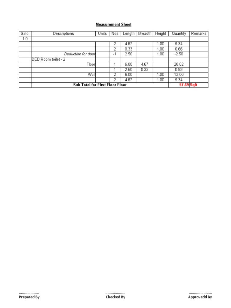 Deduction For Door Measurement Sheet PDF