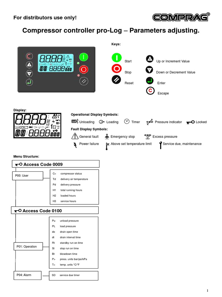 Compressor Controller Pro-Log Manual | PDF | Timer | Menu (Computing)