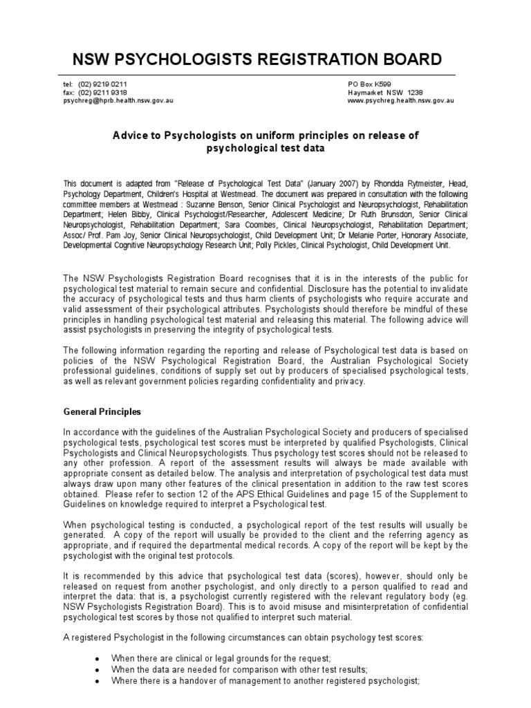 NSW PSYCHOLOGISTS REGISTRATION BOARD Psychological Testing