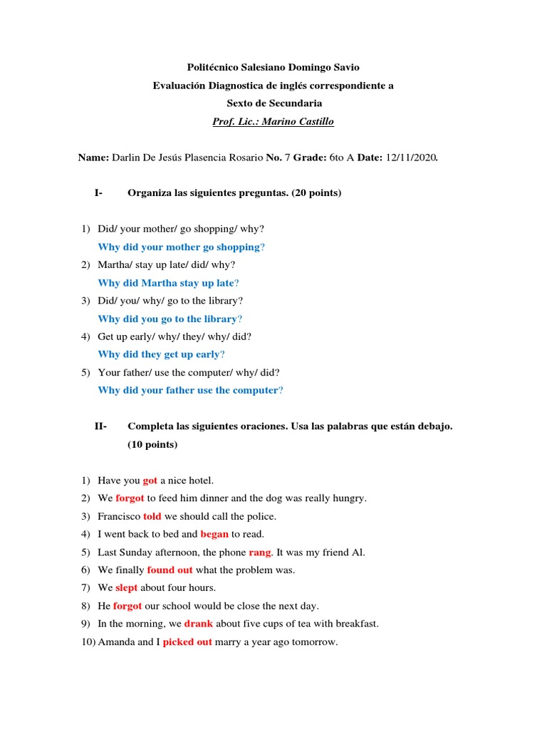 English Diagnostic Test for 6th Grade | PDF | Dominican Republic