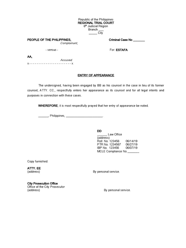 Entry of Appearance Sample PDF