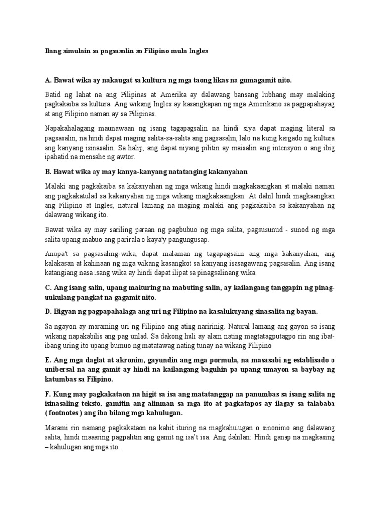 Ilang Simulain Sa Pagsasalin Sa Filipino Mula Ingles | PDF