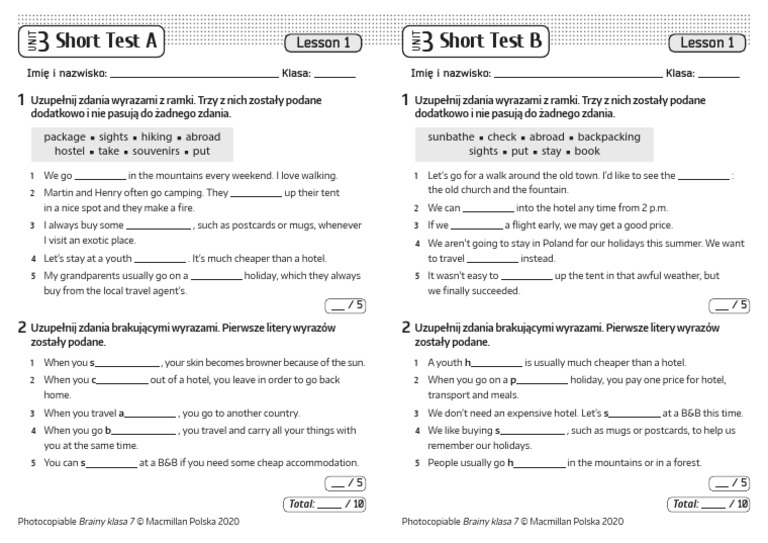 Short Test A Short Test B: Lesson 1 Lesson 1 | PDF | Outdoor Recreation ...