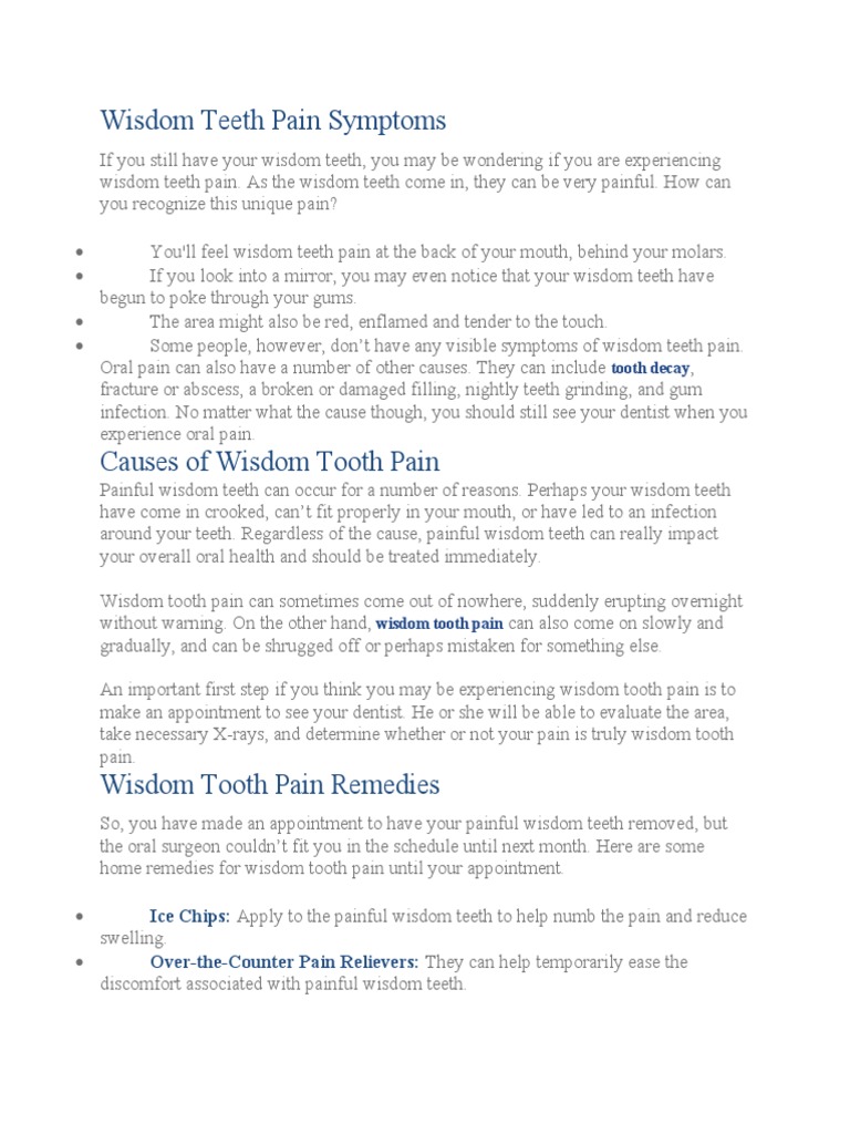 Wisdom Teeth Pain Symptoms PDF Tooth Dentistry