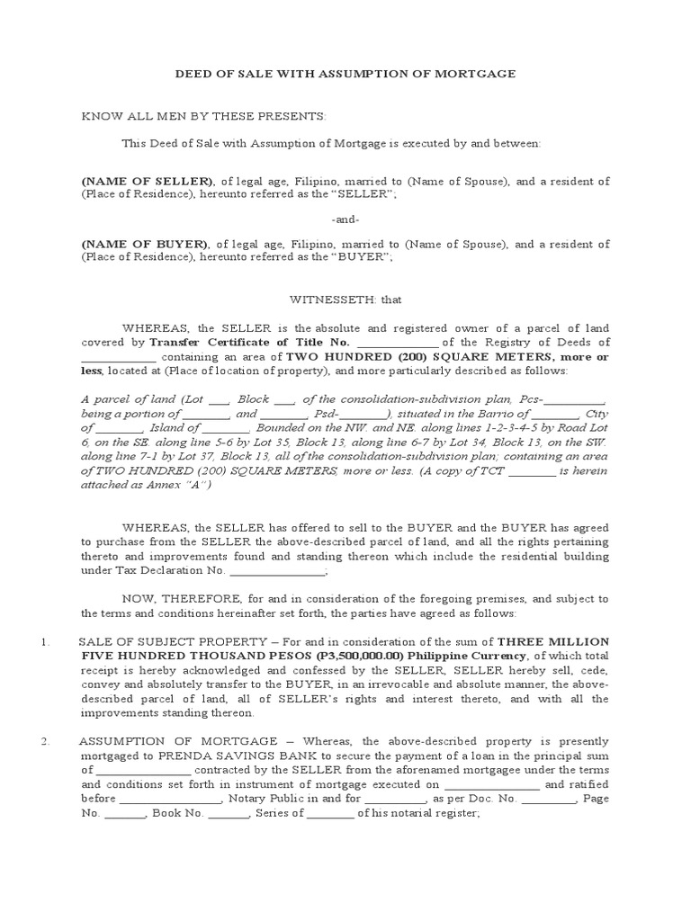 Deed of Sale With Assumption of Mortgage PDF Mortgage Law