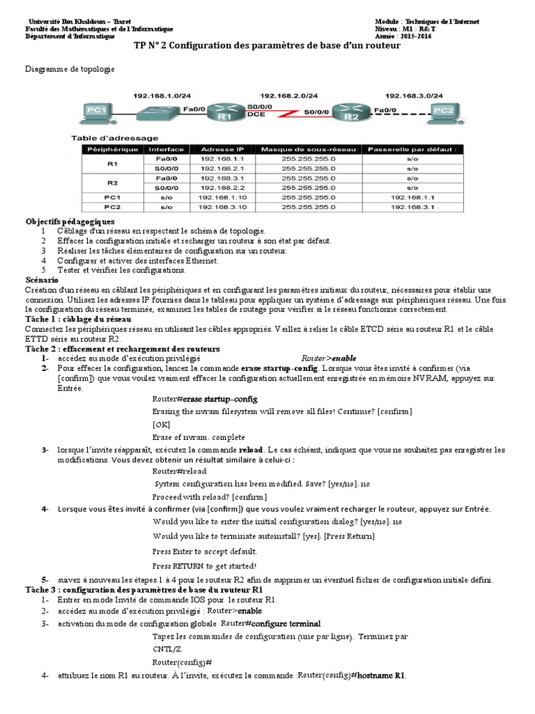 Configuration de base d'un routeur Cisco | PDF | Adresse IP | Routeur