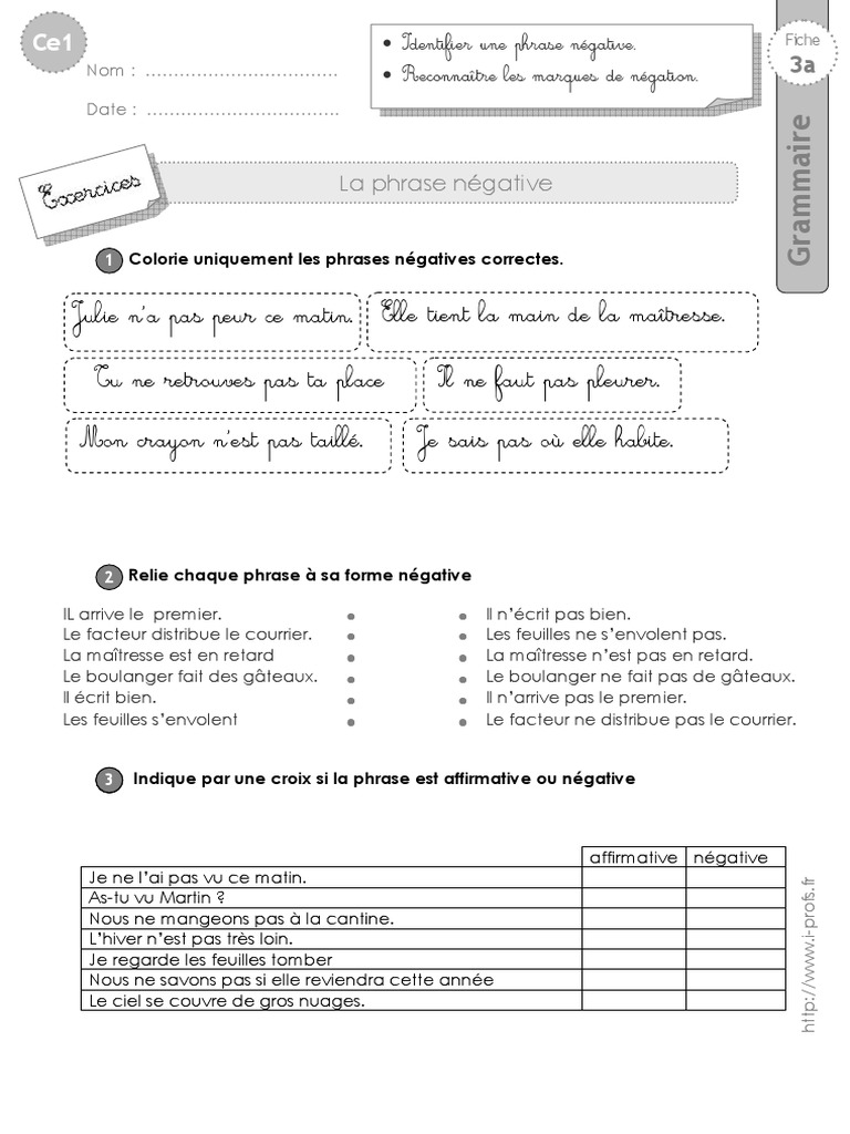 Forme Affirmative Et Négative Cm1 Exercices Phrase Negative | PDF | Linguistique | Grammaire