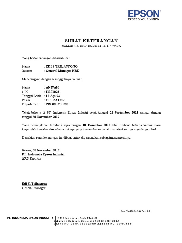 Paklaring Karyawan PT Epson | PDF