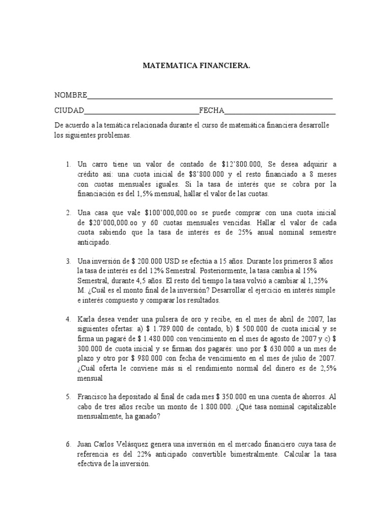 Examen Final de Matematica Financiera 1 Segundo Semestre 2020 | PDF ...