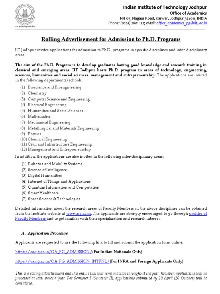 Rolling Advertisement For Admission To Ph.D. Programs: Office of ...