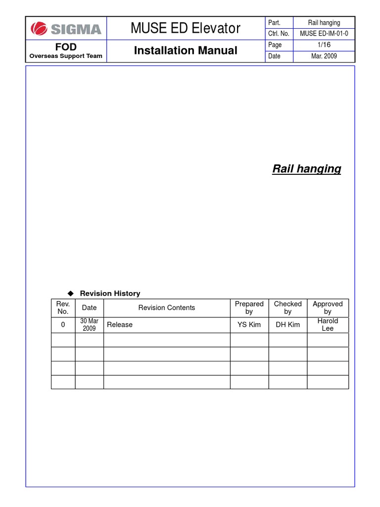 MUSE ED Elevator: Installation Manual | PDF | Scaffolding | Elevator