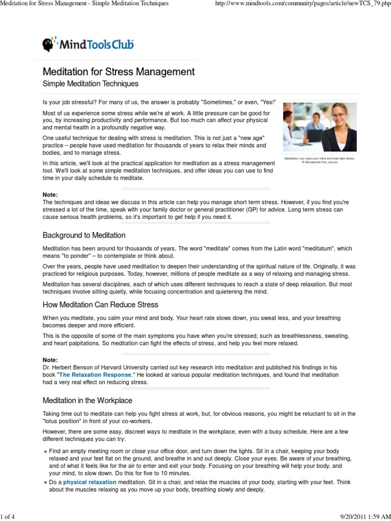 Meditation For Stress Management - Simple Meditation Techniques | PDF ...
