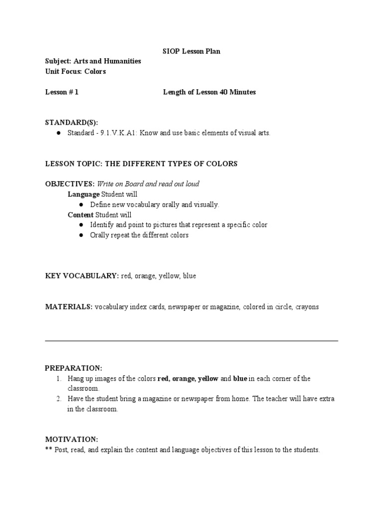 Siop Lesson Plan Math Siop Lesson Plan Math