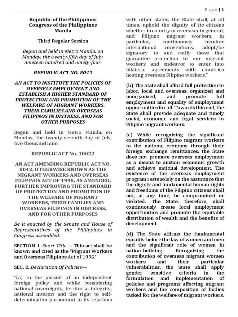 RA 8042 and RA 10022 Overview | PDF | Migrant Worker | Employment