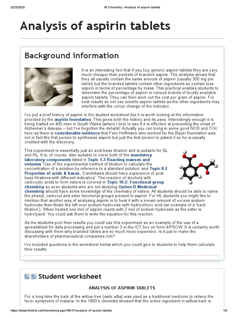 IB Chemistry - Analysis of Aspirin Tablets | PDF | Aspirin | Sodium ...
