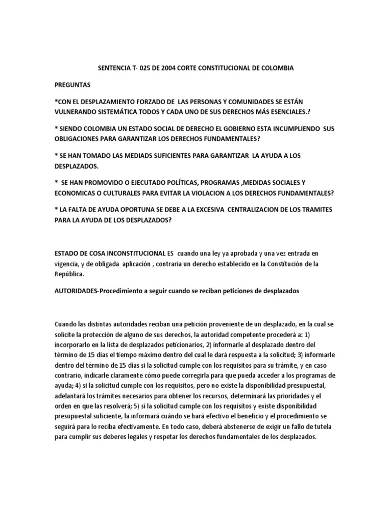 RESUMEN DE LA SENTENCIA T-025 de 2004 | PDF | Derecho Constitucional