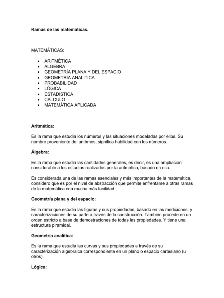 Ramas de las matemáticas explicadas | PDF | Métodos y materiales de ...