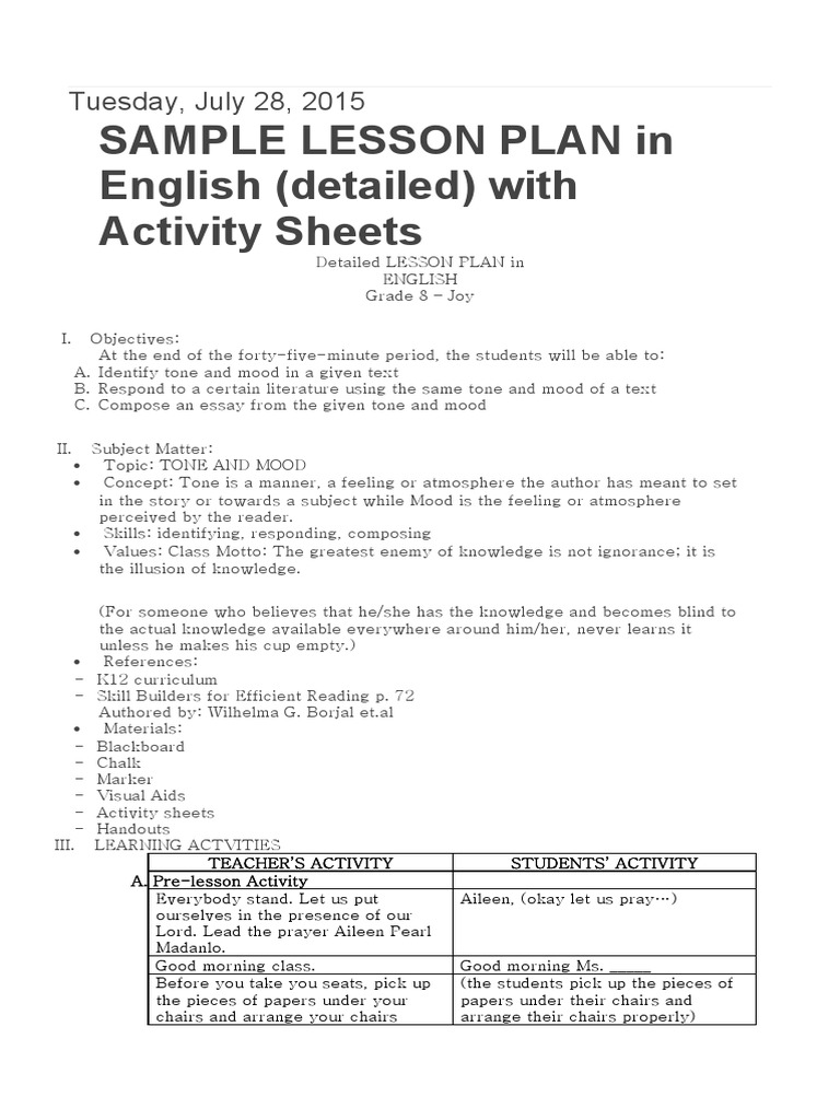 Sample Lesson Plan in English (Detailed) With Activity Sheets | PDF ...