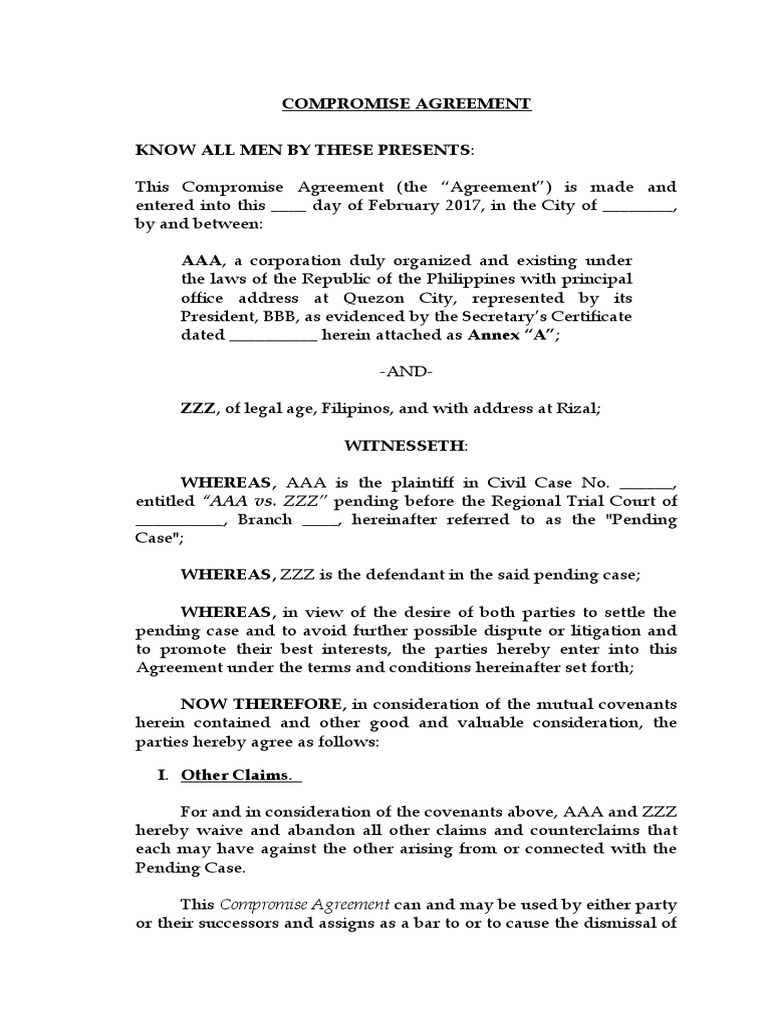 Compromise Agreement Template | PDF | Lawsuit | Public Law