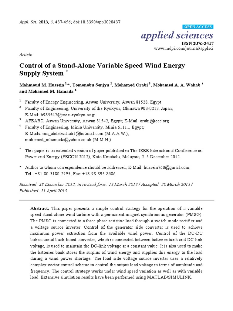 Control of A Stand-Alone Variable Speed Wind Energ | PDF | Power ...