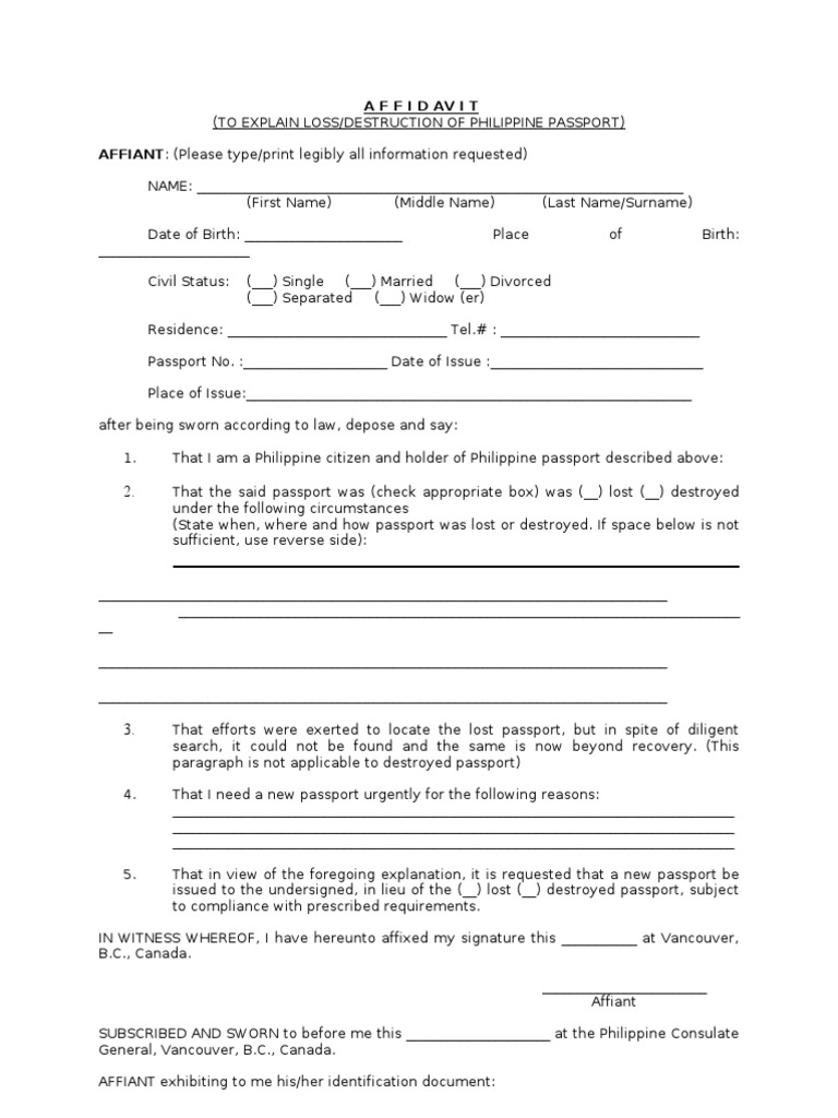 Affidavit of Loss of Passport Affidavit Passport