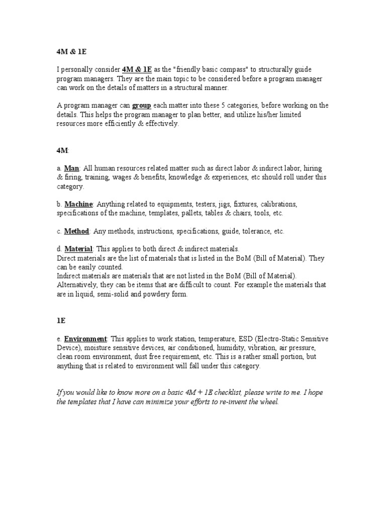 4M & 1E Method for Program Management | PDF