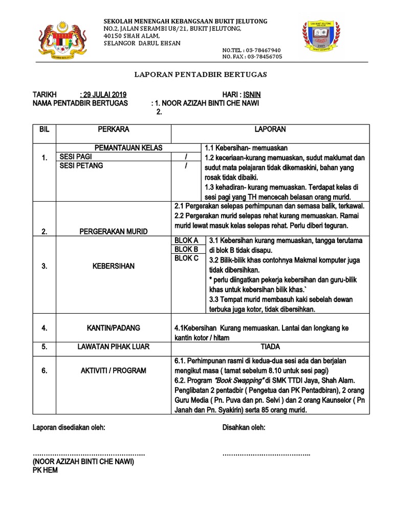 6.0 Pemantauan Semasa Perhimpunan Pagi Dan Program-program Sekolah