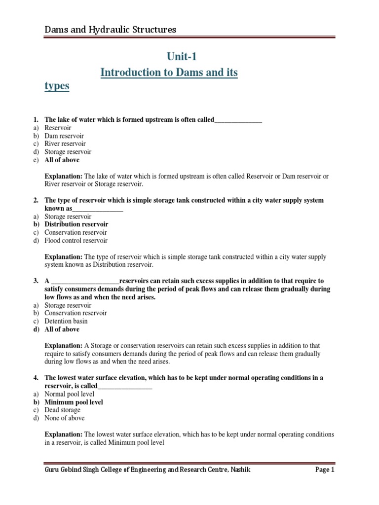 DHS Unit 1 To 3 MCQs | PDF | Dam | Reservoir