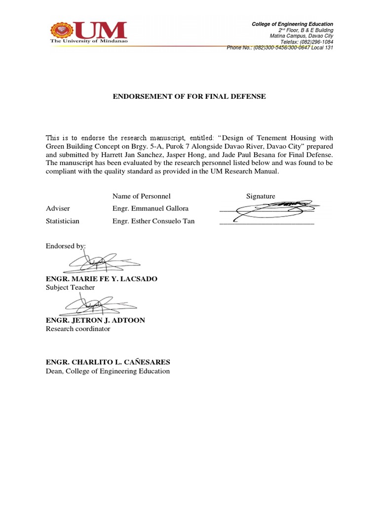 Endorsement for the Final Defense of a Research Manuscript on the ...