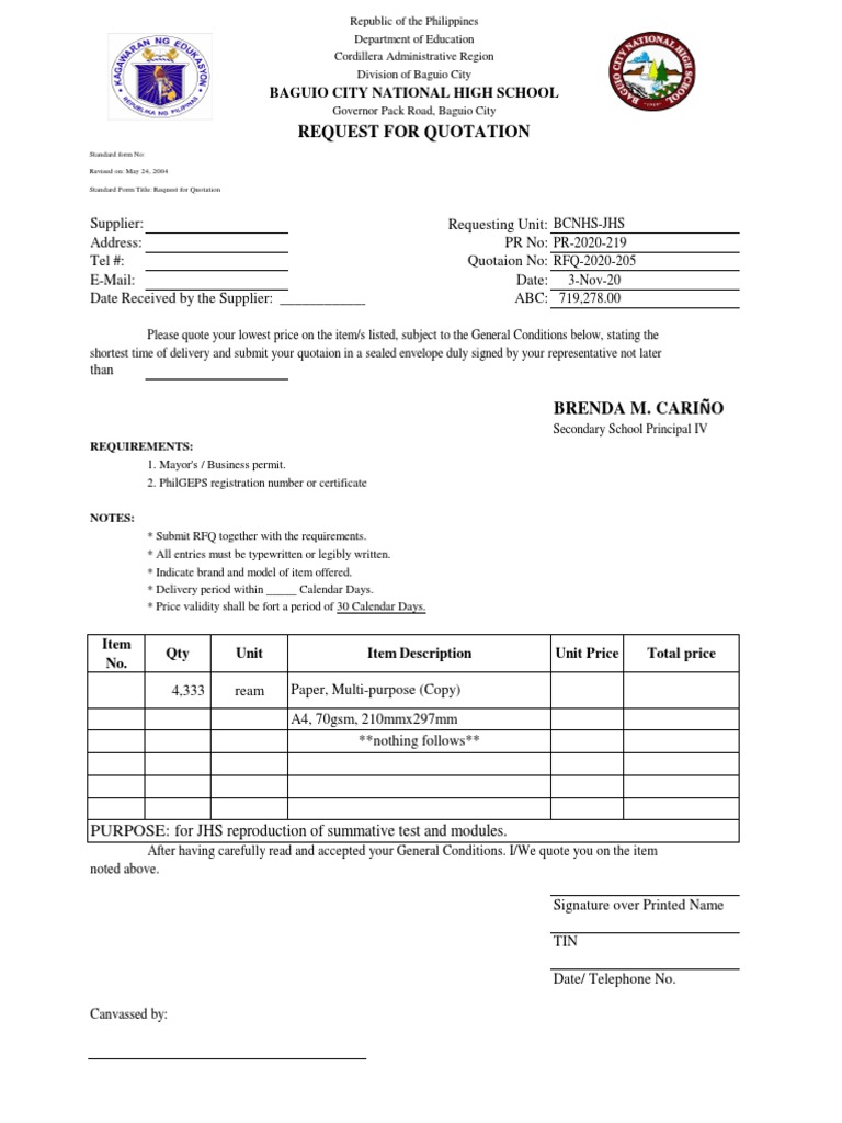 Request for Quotation for Paper Supply | PDF | Paper And Packaging ...