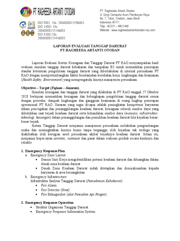 Laporan Evaluasi Tanggap Darurat PT RAO | PDF | Bisnis | Teknologi ...