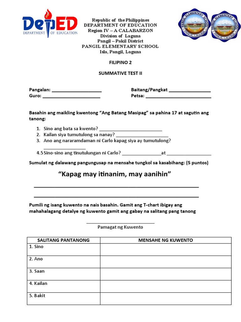 Filipino 2 1st Quarter Summative Test 2 | PDF