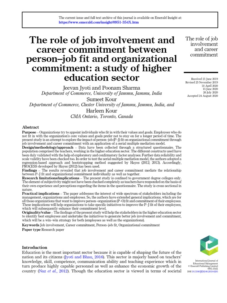 The Role of Job Involvement and Career Commitment Between Person - Job ...