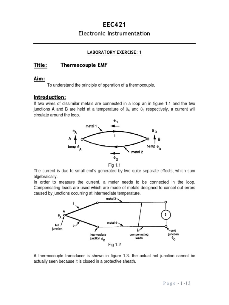 Lab 1 Thermocouple EMF PDF PDF Thermocouple Quantity