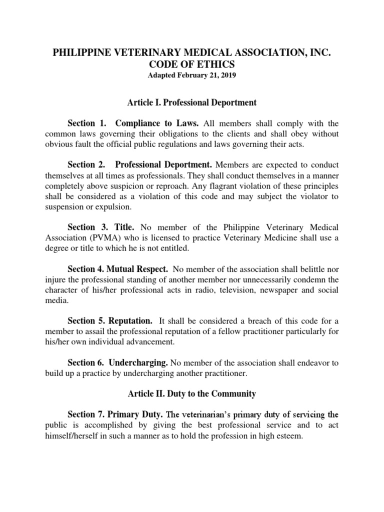 Philippine Veterinary Medical Association, Inc. Code of Ethics 
