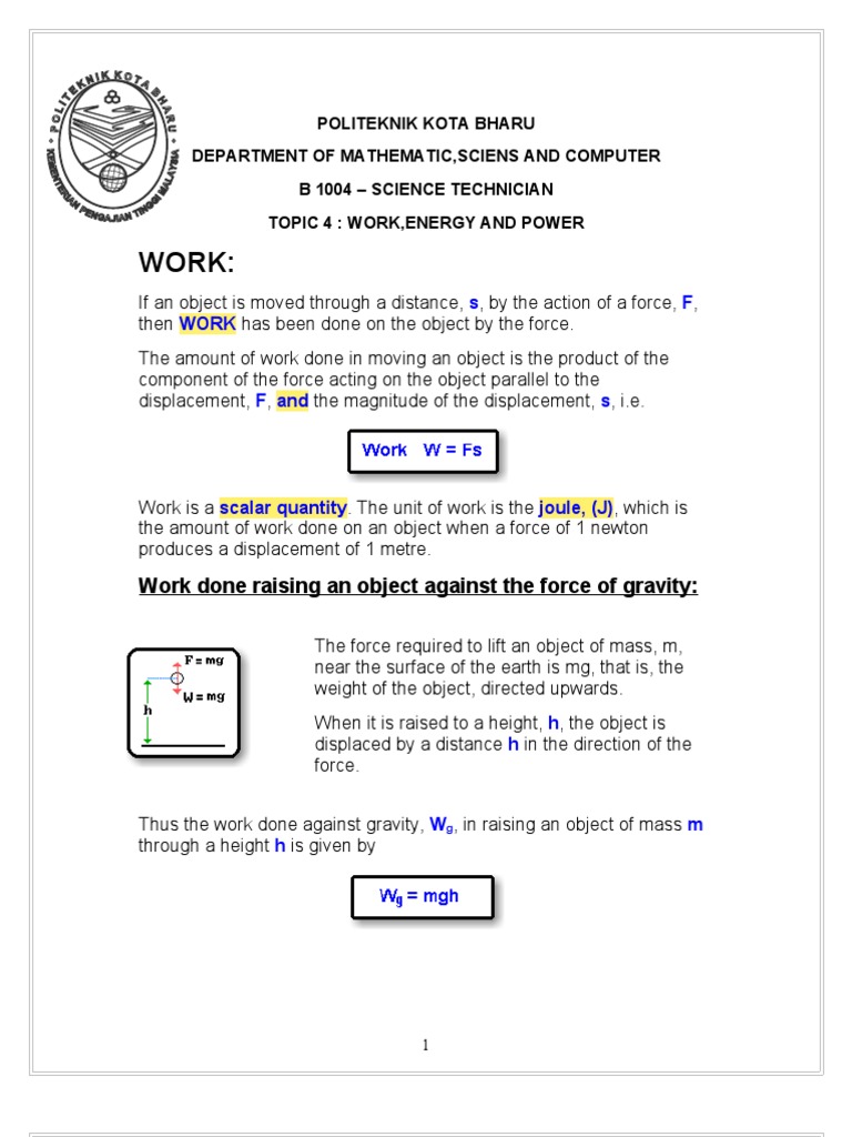 Topic 4 Work Energy And Power Potential Energy Watt
