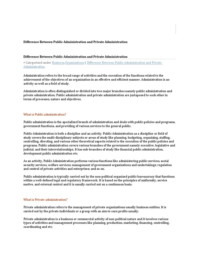 Difference Between Public Administration And Private Administration