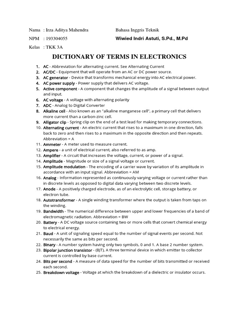 Dictionary of Terms in Electronics PDF Amplifier Rectifier