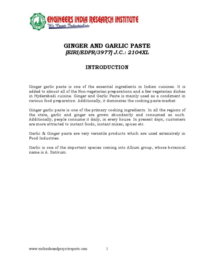 Project Report On Ginger and Garlic Paste PDF Ginger Garlic