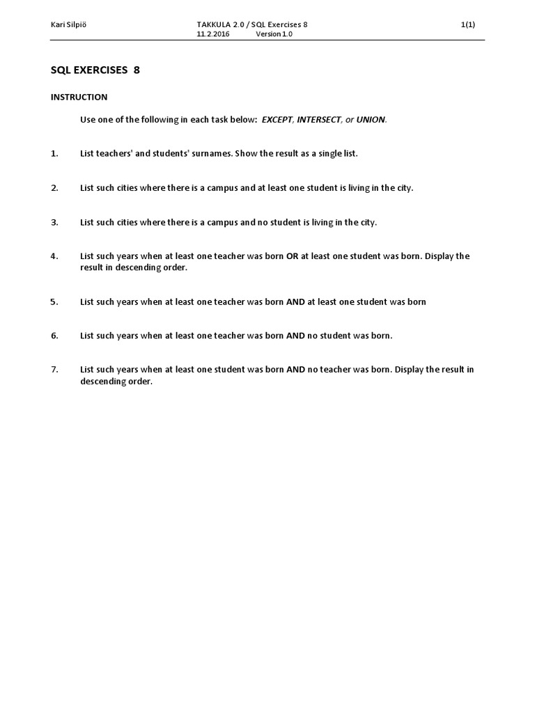 SQL Exercises Using Set Operations | PDF | Language Arts & Discipline ...