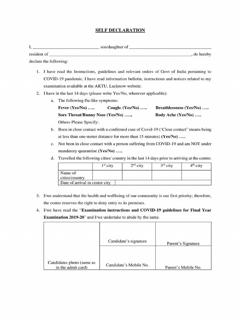 AKTU Self Declaration For Exam (Techmek) | PDF